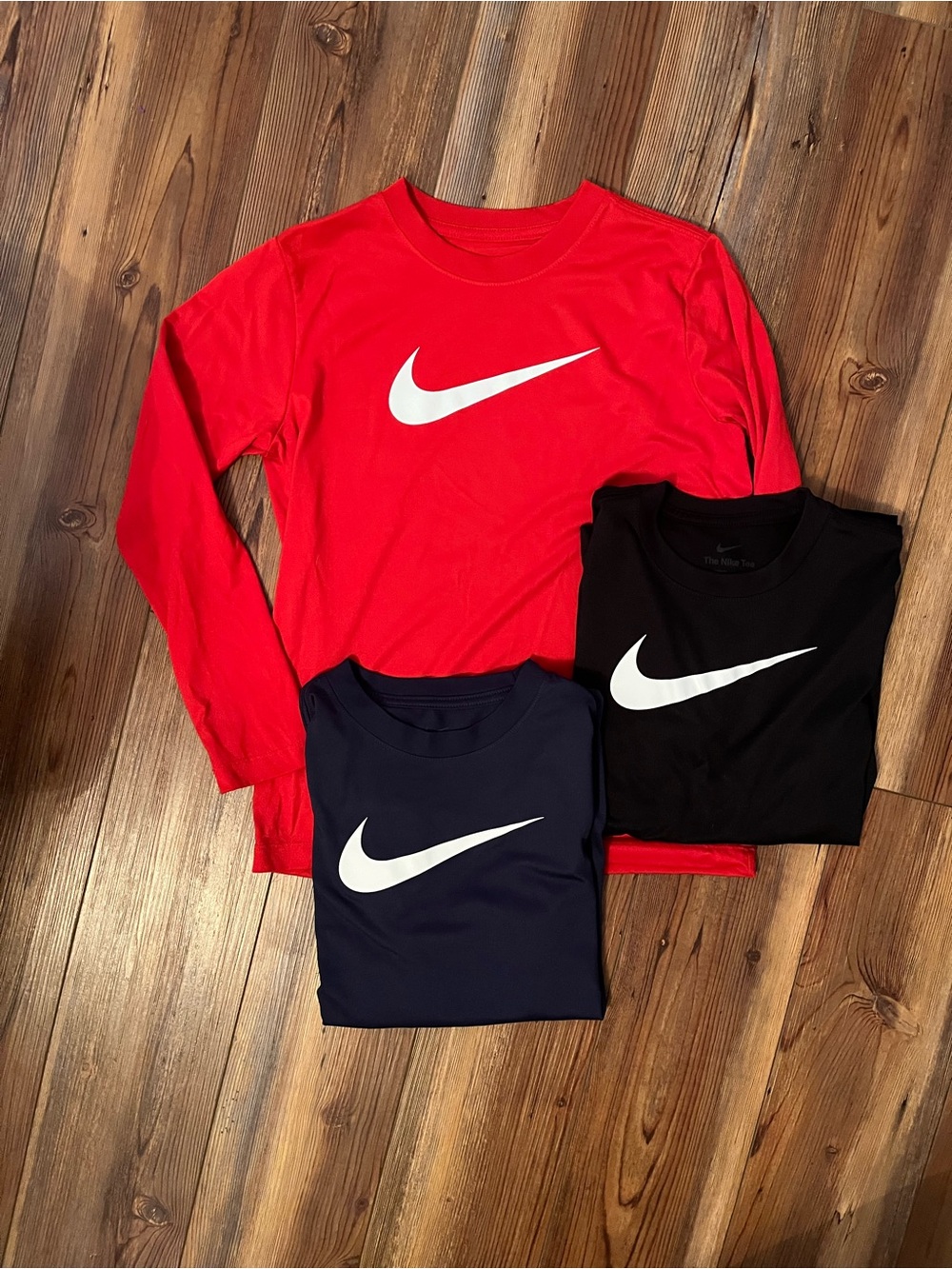 Nike Kids Long Sleeve Tees in Red, Black & Navy with White Swoosh dri- fit